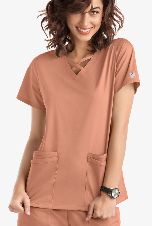 Butter-Soft STRETCH Women's 4-Pocket Crisscross Scrub Top - Terracotta - 2