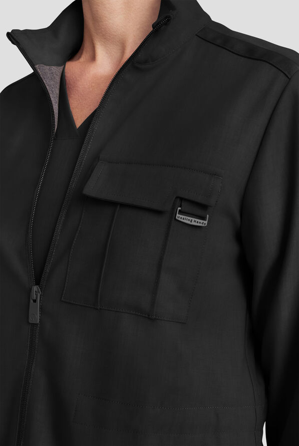 Healing Hands Quest Women's 4-Pocket STRETCH Zip Front Utility Scrub Jacket - Black - 4
