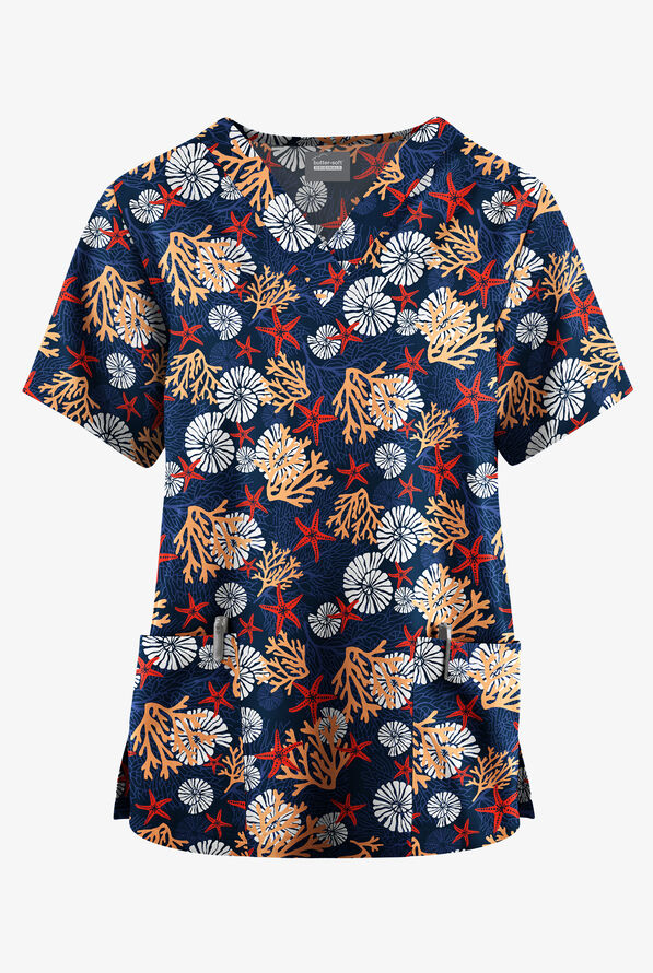 Butter-Soft Originals Coral Garden Navy Women's 2-Pocket V-Neck Print Scrub Top - null - 1