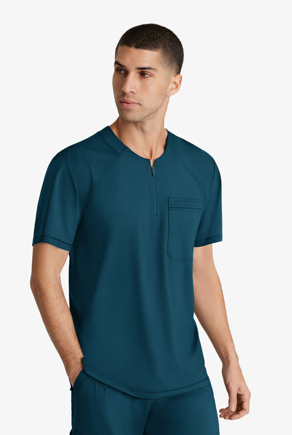 Skechers by Barco Slip-ins Flex Men's 1-Pocket STRETCH Tuck In Zipper Round Neck Scrub Top - Bahama Blue - 2