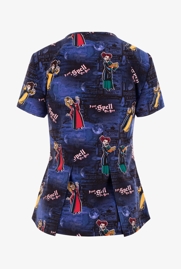 Tooniforms Disney's Hocus Pocus Spell Casters Women's 2-Pocket STRETCH V-Neck Print Scrub Top - null - 2