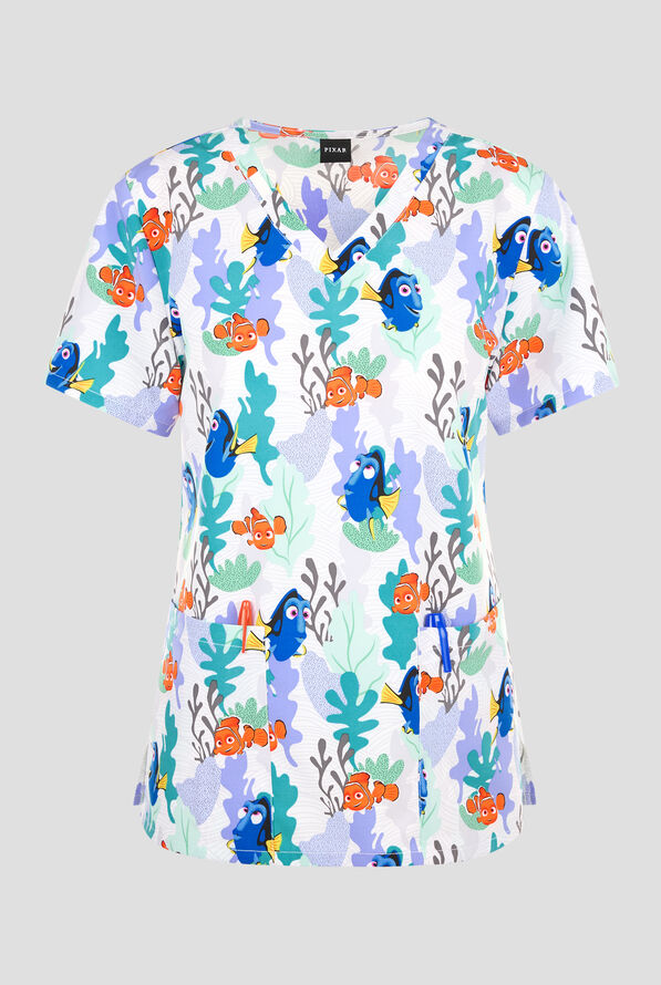 Tooniforms Disney's Nemo And Dory Women's 2-Pocket STRETCH V-Neck Print Scrub Top - null - 1