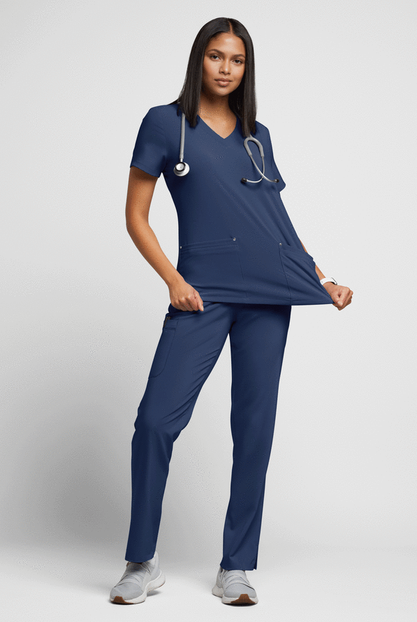 Easy STRETCH Lina Mitered Women's 4-Pocket V-Neck Scrub Top - Navy - 4