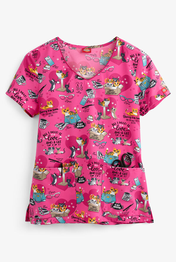 Dickies EDS Prints Love And A Cat VNeck Print Top, Animal Scrubs