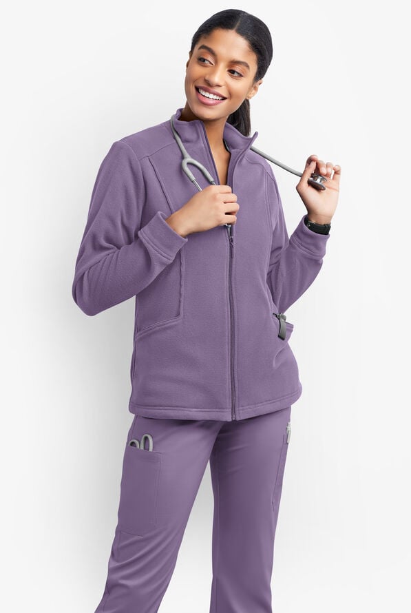 Butter-Soft STRETCH Women's 2-Pocket Zip Front Fleece Scrub Jacket - Purple Dusk - 4