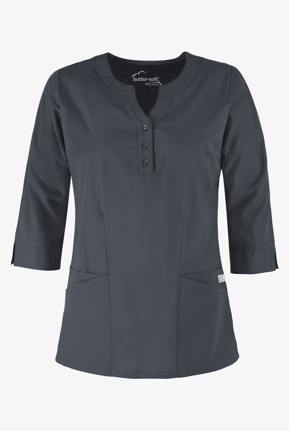 Butter-Soft STRETCH Women's 4-Pocket 3/4" Sleeve Round Neck Scrub Top - Pewter - 1
