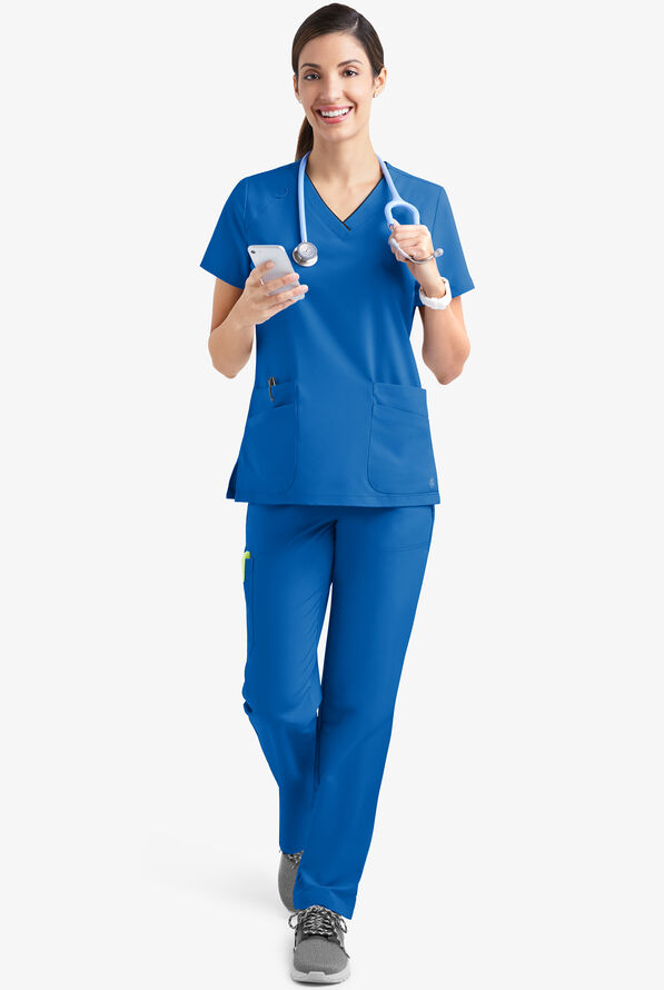 Blusa m&eacute;dica Easy STRETCH Cassia con cuello en V con ribete y 4 bolsillos para mujer - Royal/Black - 2