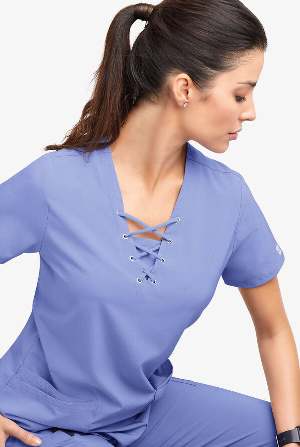 Easy STRETCH Gisele Women's 4-Pocket Lace Up V-Neck Scrub Top - Ceil Blue - 5