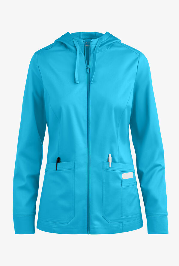 Butter-Soft STRETCH Women's 3-Pocket Zip-Front with Cozy Knit Hood and Trim Scrub Jacket - Turquoise - 1