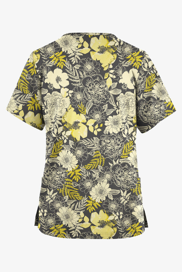 Butter-Soft Originals Arles Floral Pewter Women's 2-Pocket Classic Fit V-Neck Print Scrub Top - null - 2