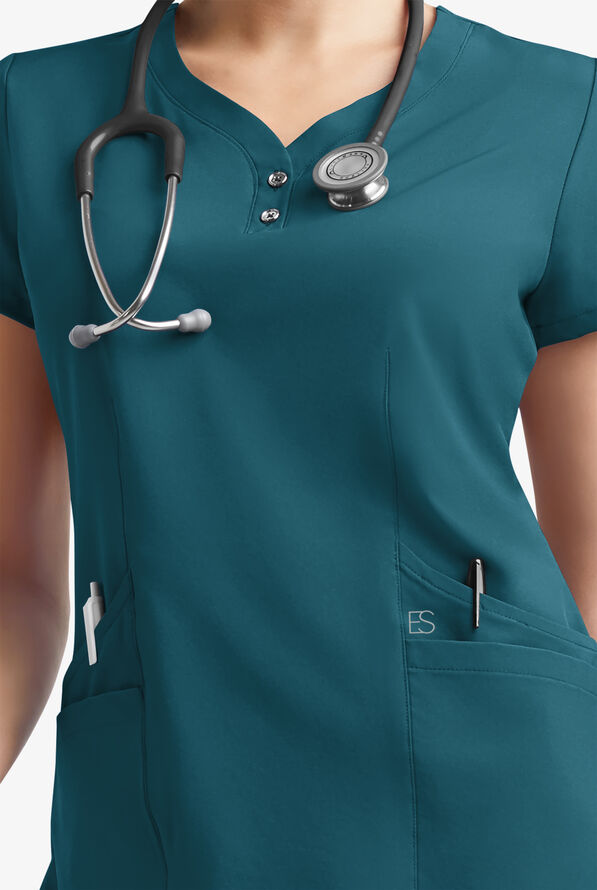 Easy STRETCH Demi Women's 4-Pocket Henley Scrub Top - Caribbean Blue - 5