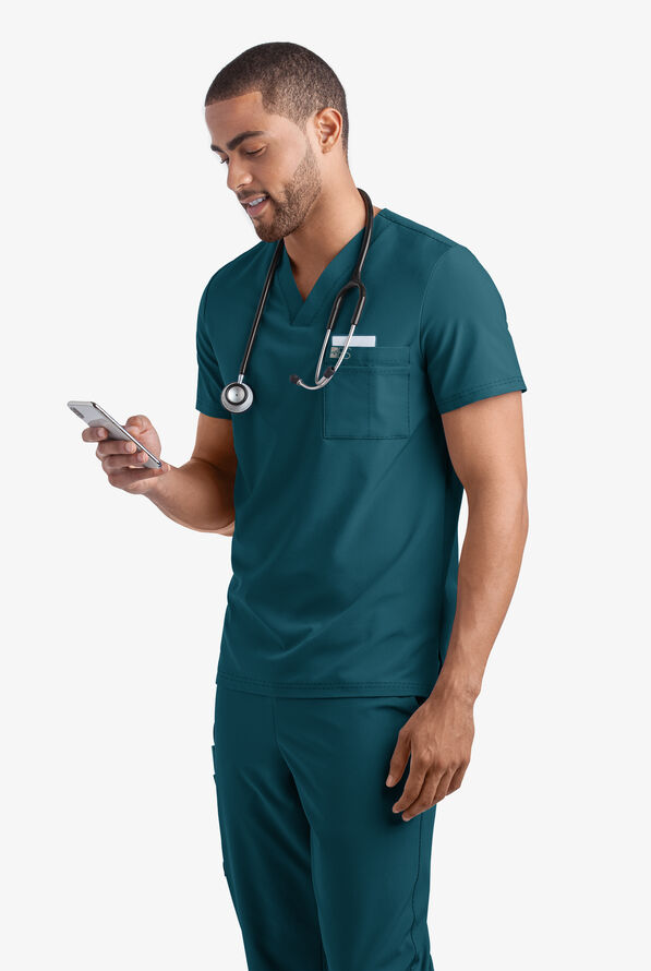 Easy STRETCH Riley Unisex 3-Pocket V-Neck Scrub Top - Caribbean Blue - 2
