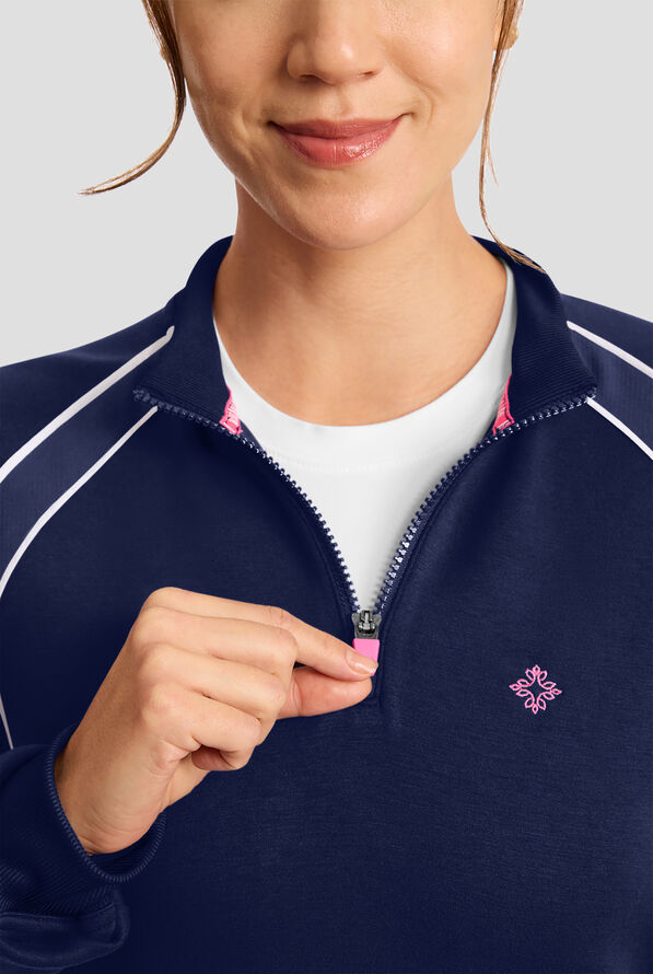 Med Couture Layers Women's 2-Pocket STRETCH Half Zip Scuba Knit Scrub Jacket - Navy - 3