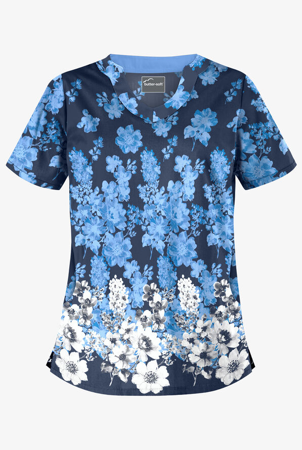 Blusa médica estampada Butter-Soft Venice Border Navy con cuello festoneado y 2 bolsillos para mujer - null - 1
