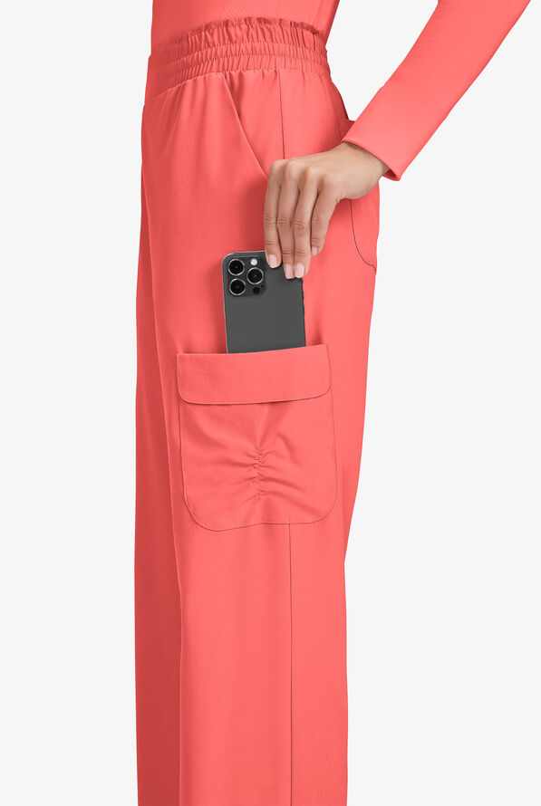 Planet koi Ayla Women's 6-Pocket STRETCH Flat Waist Rouched Cargo Convertible Wide Leg Scrub Pants - Sunset Coral - 3