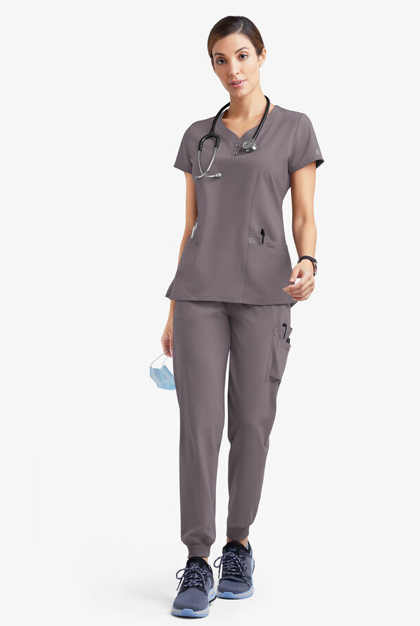 Easy STRETCH Demi Women's 4-Pocket Henley Scrub Top - Grey Stone - 2