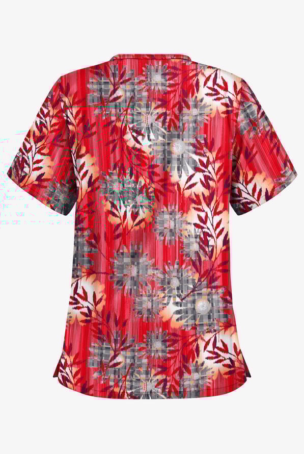 Butter-Soft Monaco Floral Red Women's 2-Pocket V-Neck Print Scrub Top - null - 2