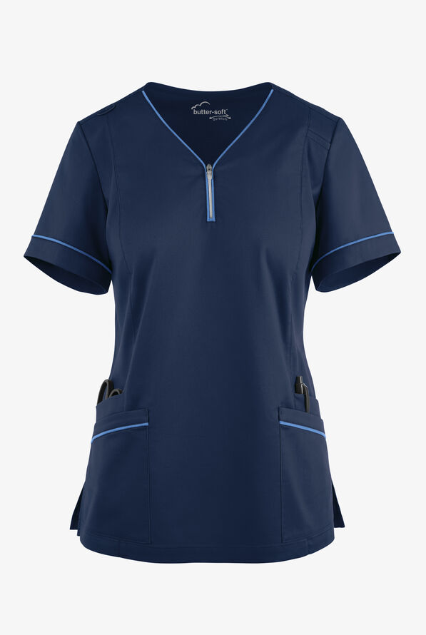 Butter-Soft STRETCH Women's 5-Pocket V-Neck with Front Zipper Scrub Top - Navy/Ceil - 1