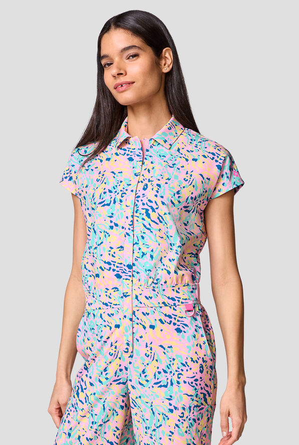 Med Couture Amp Tutti Frutti Tiger Women's 4-Pocket STRETCH Wide Leg Printed Scrub Jumpsuit - Tutti Frutti - 3