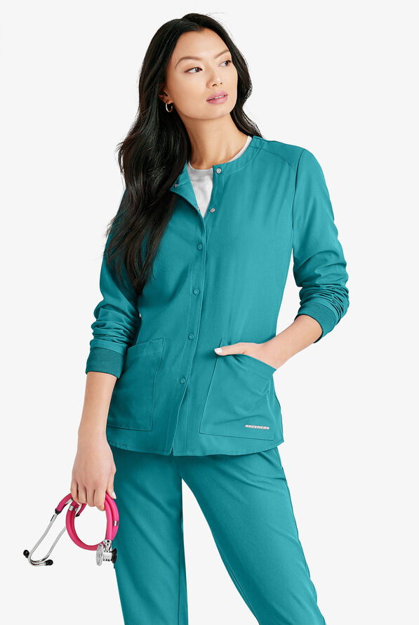 Skechers by Barco Stability Women's 2-Pocket STRETCH Warm-Up Scrub Jacket - Teal - 3