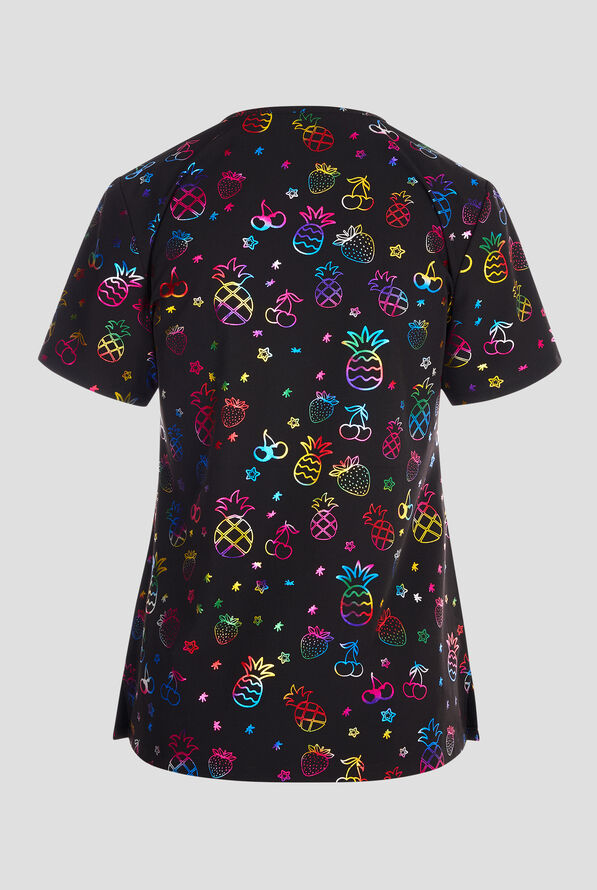 Green Town Foil Fruits Women's 3-Pocket STRETCH V-Neck Print Scrub Top - null - 2