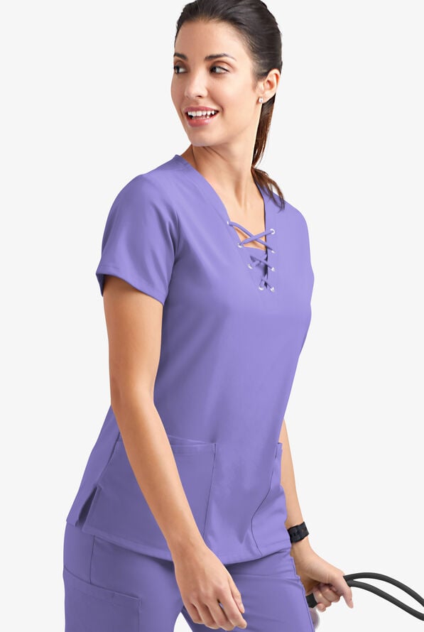 Easy STRETCH Gisele Women's 4-Pocket Lace Up V-Neck Scrub Top - Blueberry Crush - 3