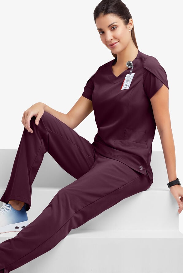 Easy STRETCH Daisy Women's 4-Pocket V-Neck Scrub Top with Petal Sleeves - Dark Mulberry - 8