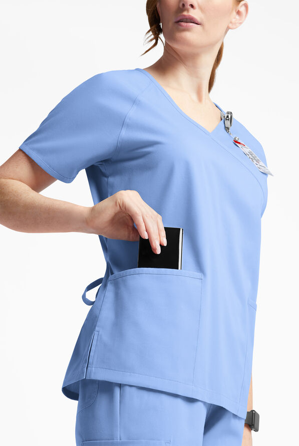 Butter-Soft Originals Women's 3-Pocket Mock Wrap Scrub Top - Ceil Blue - 4