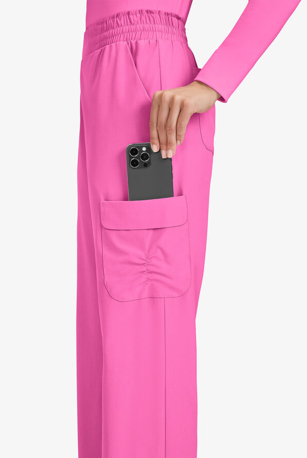 Planet koi Ayla Women's 6-Pocket STRETCH Flat Waist Rouched Cargo Convertible Wide Leg Scrub Pants - Strawberry Moon - 3