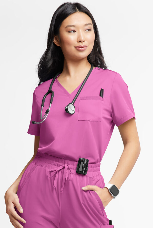 WhisperLite Zora Women's 2-Pocket Stretch V-Neck Tuck-in Scrub Top - Magnesium Pink - 1