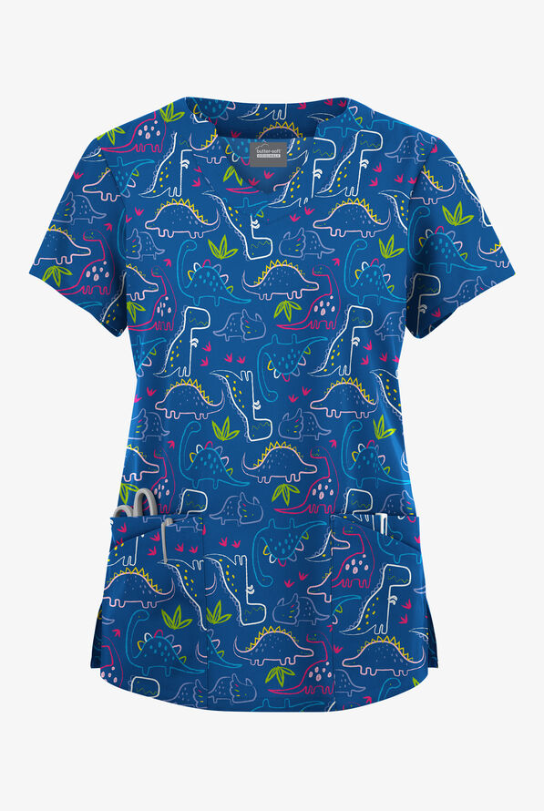Happy Scrubs Dino Park Royal Women's 6-Pocket Scallop Neck Print Scrub Top - null - 1