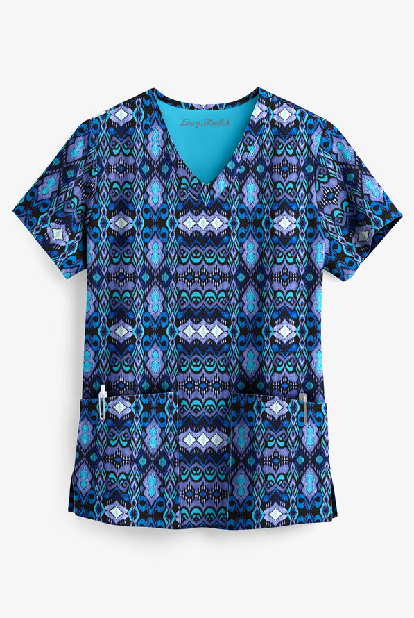 Easy STRETCH  Whispering Ikat Women's 2-Pocket Mitered V-Neck Print Scrub Top - null - 1