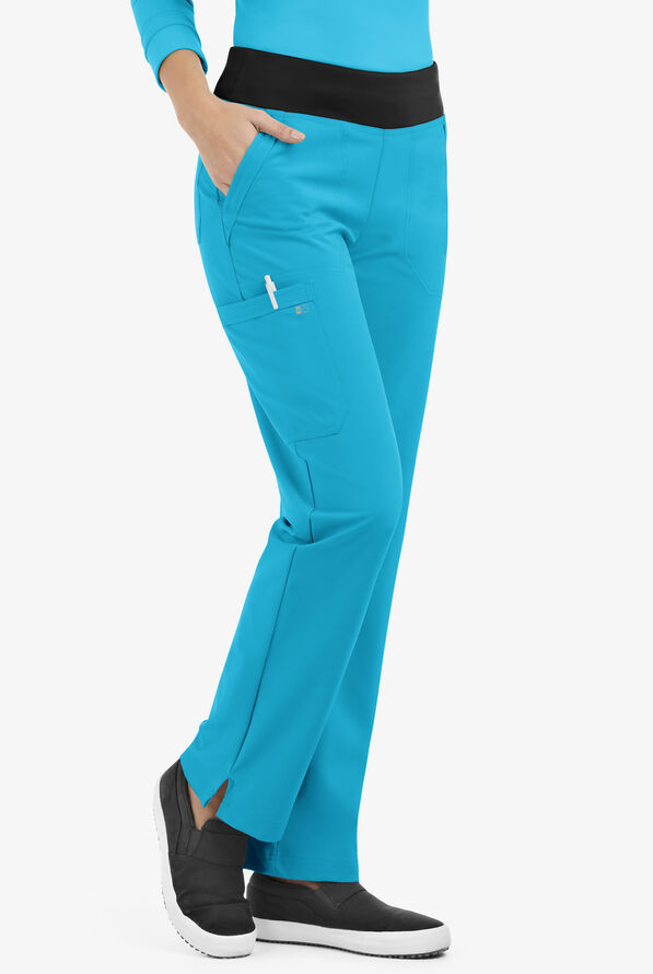 Easy STRETCH Sienna Women's 5-Pocket Sport Yoga Scrub Pants - Petite - Turquoise/Black - 1