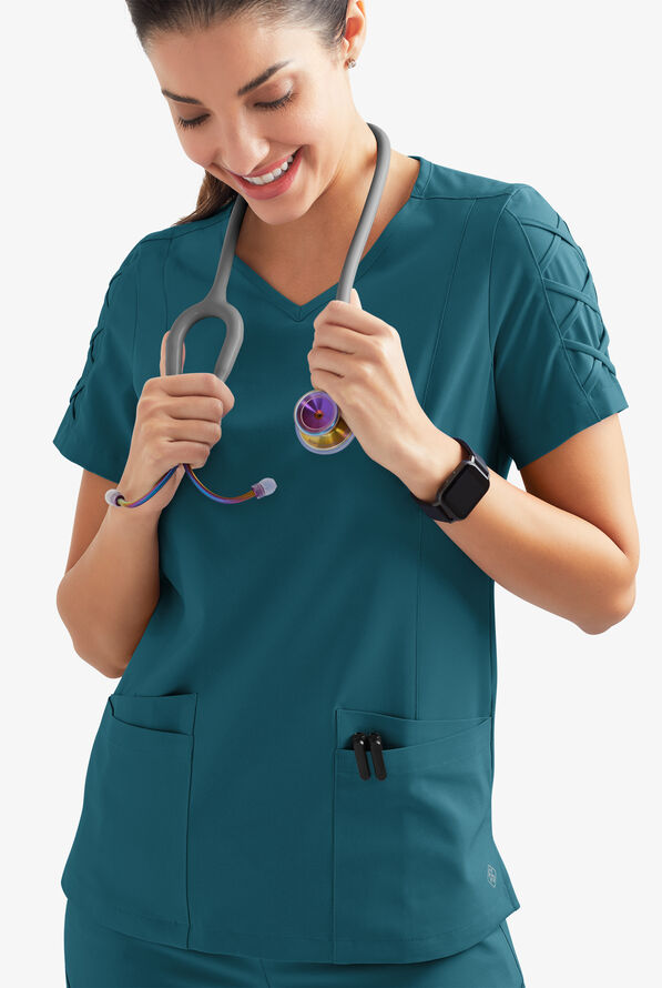 Easy STRETCH Kylie Woman's 5 Pocket V-Neck With Criss-Cross Detail Scrub Top - Caribbean Blue - 3