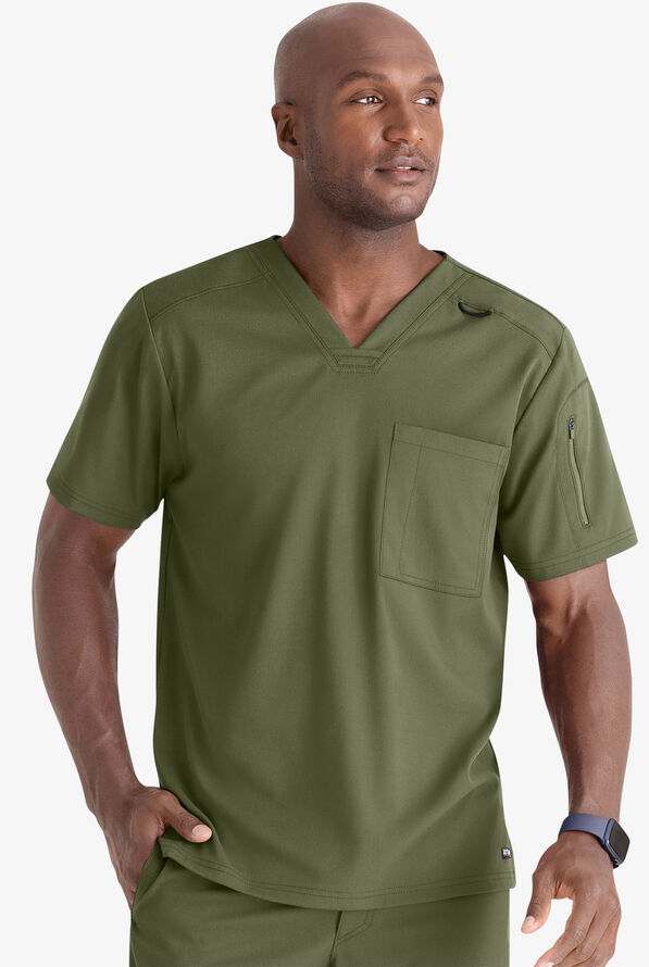Grey's Anatomy by Barco Spandex STRETCH Murphy Men's 2-Pocket V-Neck Scrub Top - Olive - 2