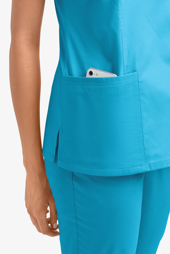 Butter-Soft STRETCH Women's 3-Pocket V-Neck Mock Wrap Scrub Top - Turquoise - 5