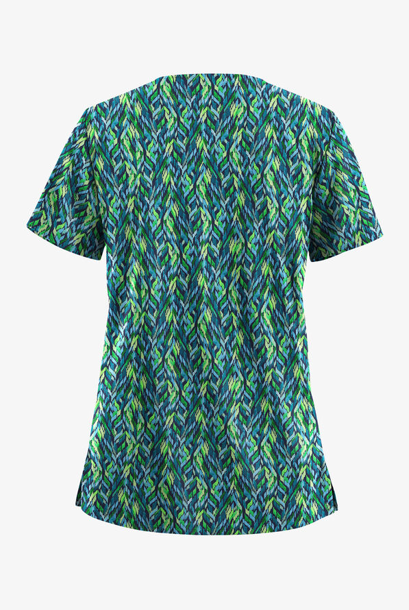 Butter-Soft STRETCH Geometric Path Navy Women's 2-Pocket V-Neck Print Scrub Top - null - 2