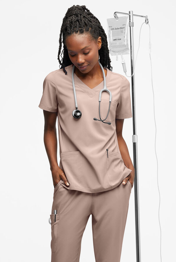 Easy STRETCH Tessa Women's 5-Pocket V-Neck Scrub Top - Mocha Meringue - 4