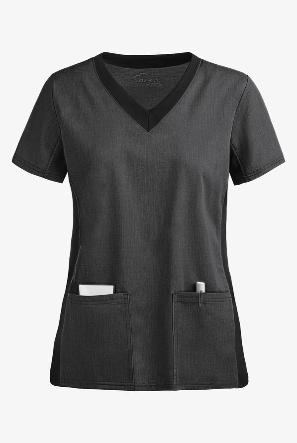 Butter-Soft STRETCH Women's 3-Pocket Contrast Scrub Top - Heather Charcoal/Black - 1