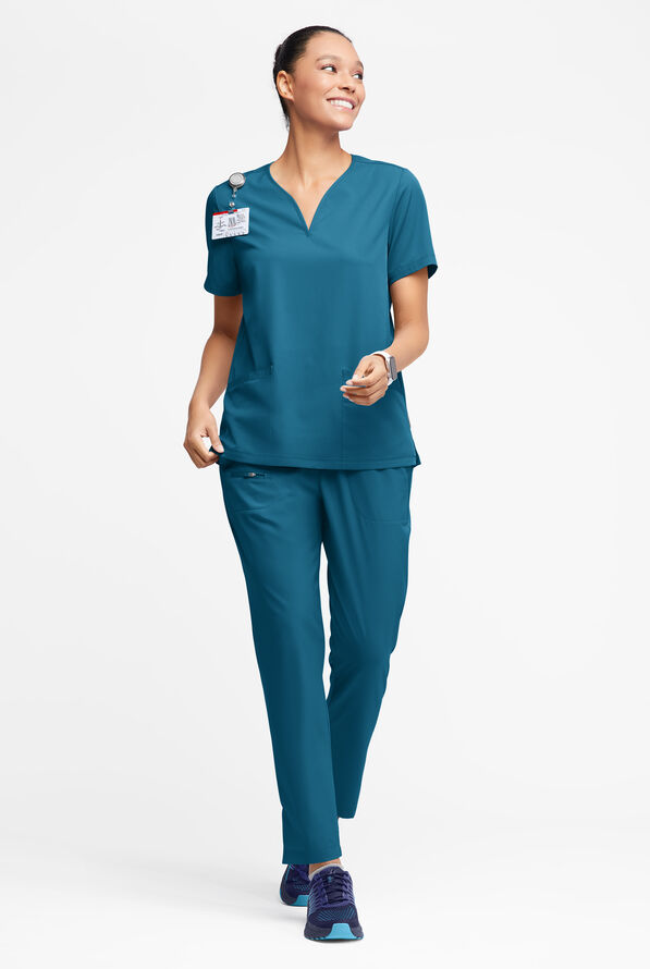 WhisperLite Dahlia Women's 4-Pocket Stretch Notched Neck Scrub Top - Caribbean Blue - 3
