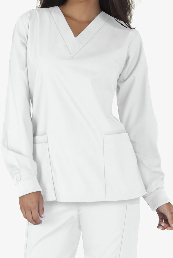 Butter-Soft Core Unisex 5-Pocket Long Sleeve Scrub Top - White - 2