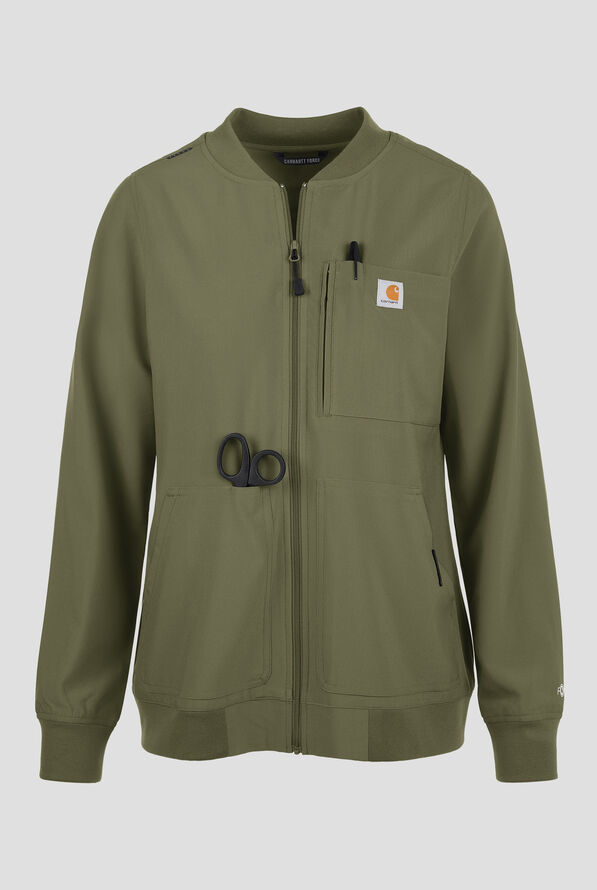 Carhartt Force Cross-Flex Rugged Flex Women's 6-Pocket Rib Trim Lightweight Zip Bomber Scrub Jacket - Olive - 1