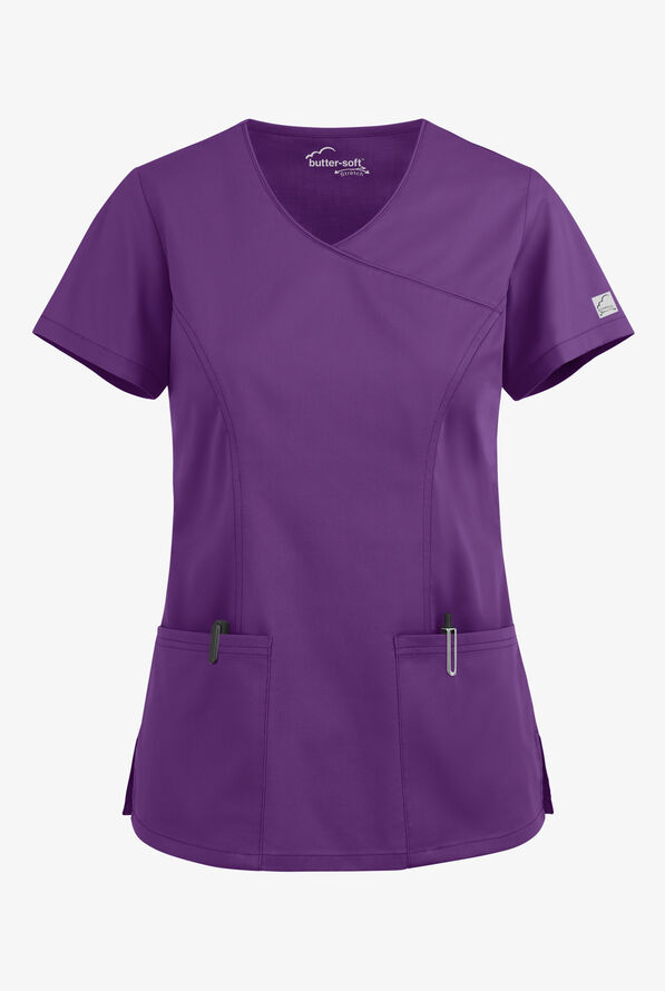 Butter-Soft STRETCH Women's 3-Pocket V-Neck Mock Wrap Scrub Top - Eggplant - 1