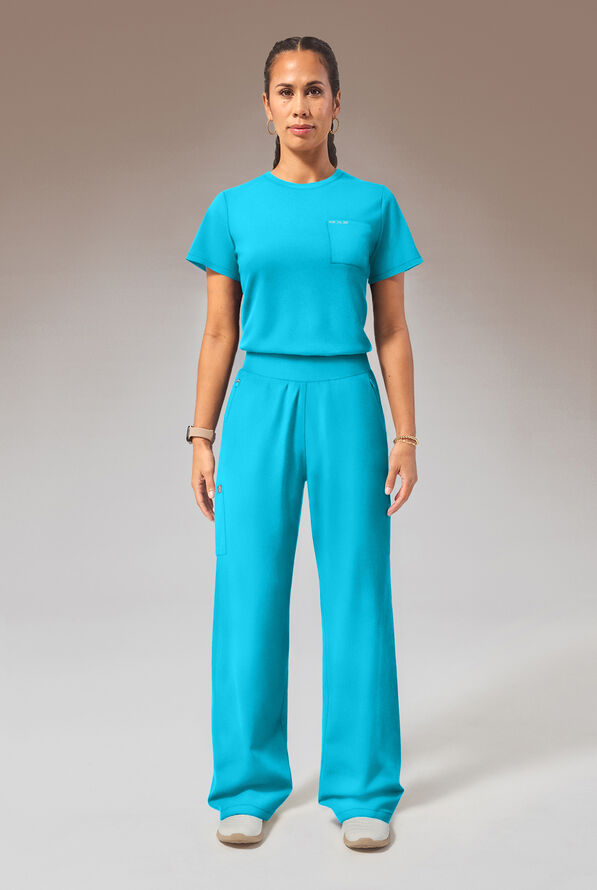Hypothesis Y-Band Women's 6-Pocket Yoga-Style Knit Waist Wide Leg Scrub Pant - Turquoise - 7