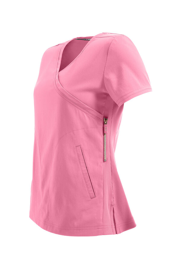 koi Lite™ Philosophy Women's 3-Pocket Mock Wrap Side Zipper Scrub Top - Peony Pink - 3