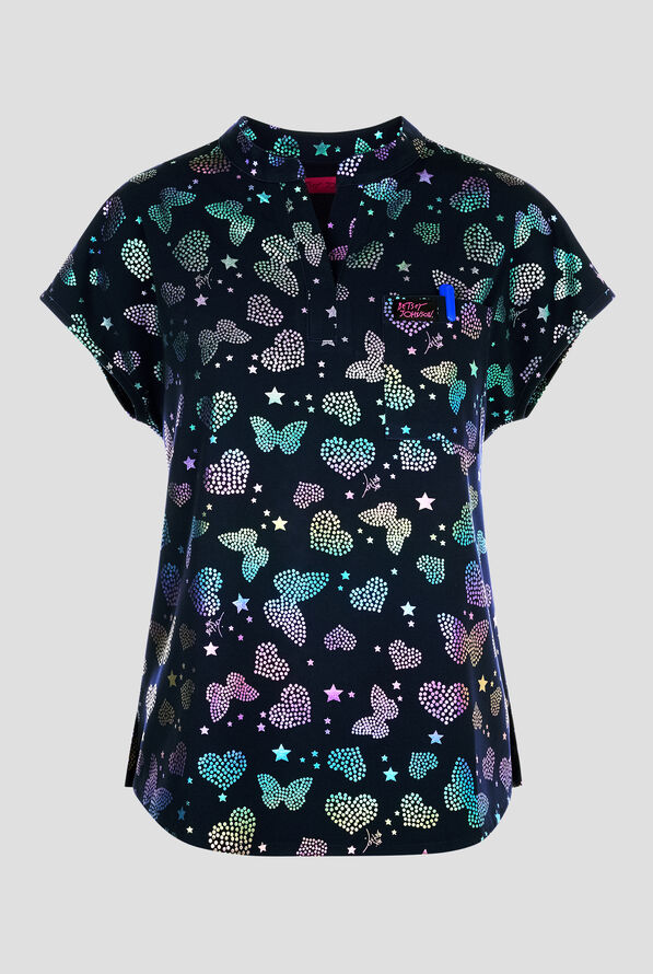 Betsey Johnson Butterfly Aura Navy Women's 1-Pocket STRETCH Round Neck Print Scrub Top - null - 1
