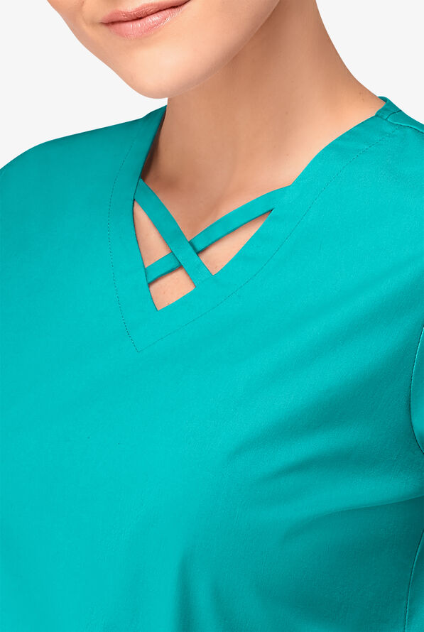 Blusa m&eacute;dica UA Butter-Soft STRETCH con lazos entrecruzados y 4 bolsillos para mujer - Bright Teal - 3