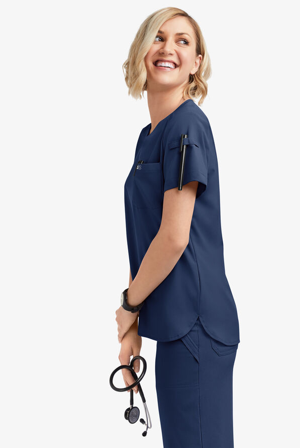 Easy STRETCH Nikki Women's 1-Pocket Scallop Neck Tuck-In Scrub Top - Navy - 2