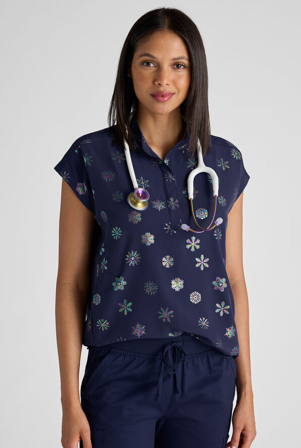 Butter-Soft STRETCH Shimmer Flurries Foil Women's 2-Pocket Oversized Dolman Sleeve Print Scrub Top - null - 1