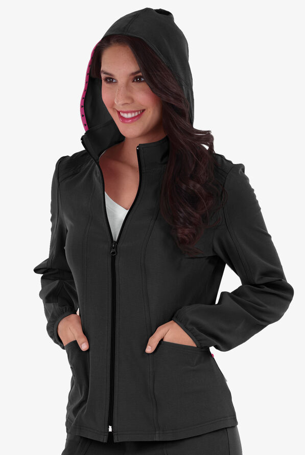 heartsoul Break On Through Women's 3-Pocket STRETCH Zip Front Warm-Up Scrub Jacket - Black - 2